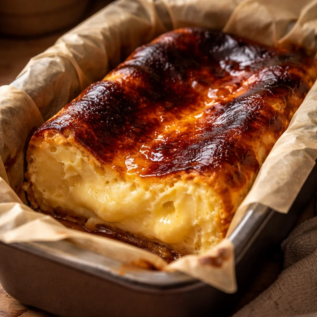 Indulgent burnt Basque cheesecake baked in a loaf pan, with a caramelized top.