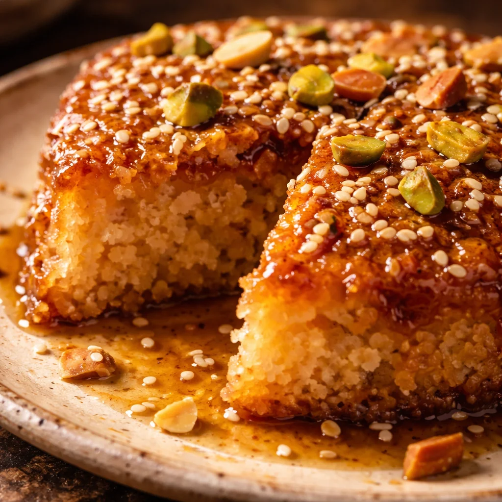 Moist baklava-inspired almond cake with nuts and honey glaze