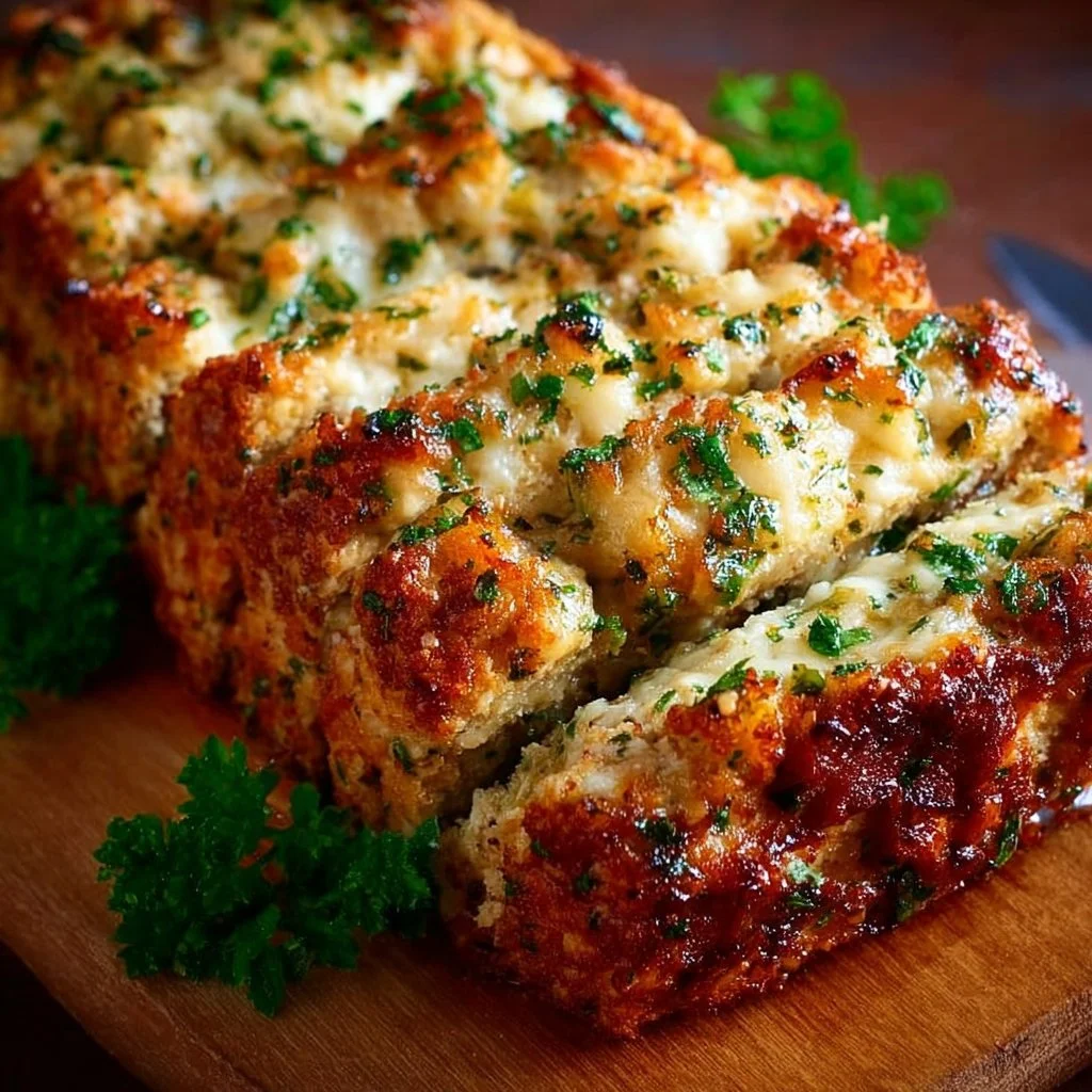 Delicious Italian Chicken Meatloaf served with herbs and marinara sauce.