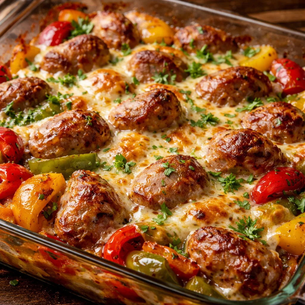A hearty Italian Sausage & Pepper Casserole served in a rustic dish with colorful peppers.