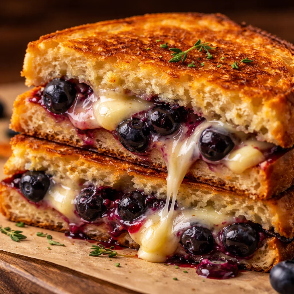 Delicious blueberry grilled cheese sandwich with melted cheese and fresh blueberries