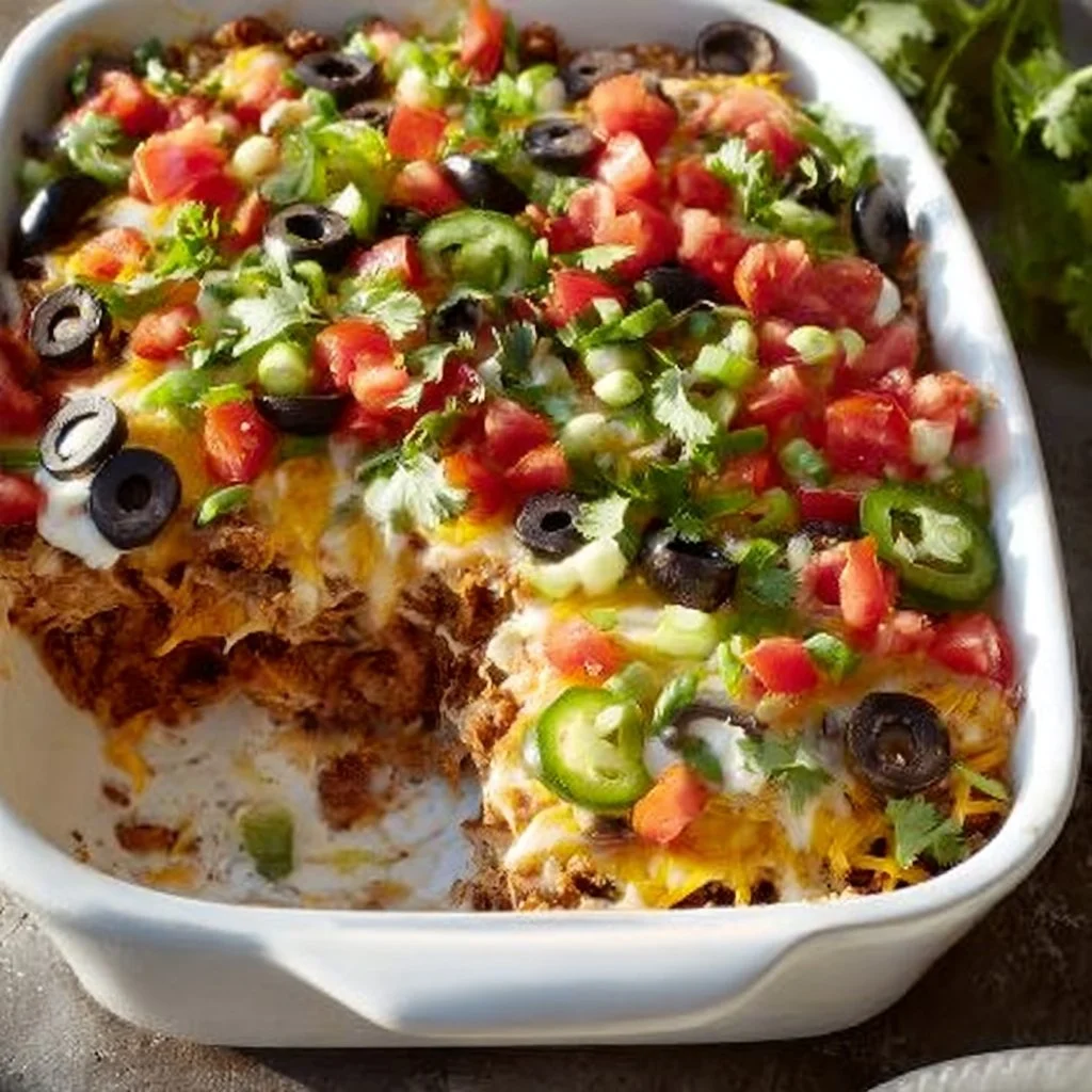Low carb taco casserole topped with cheese and fresh vegetables.