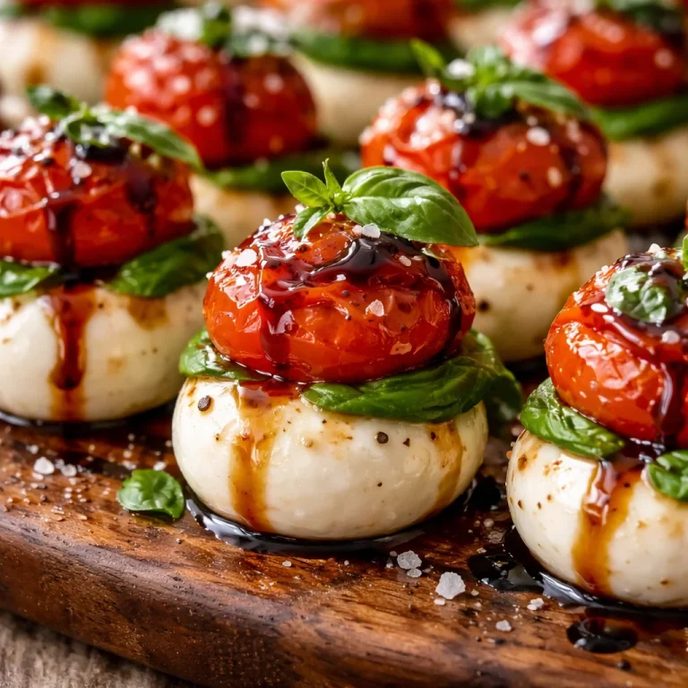 Delicious Mini Caprese Bites with tomatoes, mozzarella, and basil on skewers.