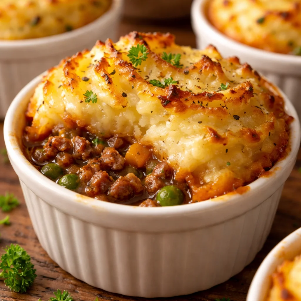 Mini Shepherd's Pies baked in ramekins, perfect for family meals