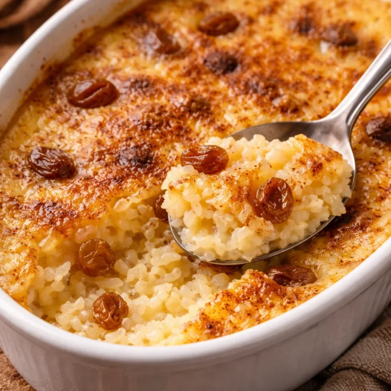 Bowl of Mom's Old Fashioned Baked Rice Pudding topped with cinnamon