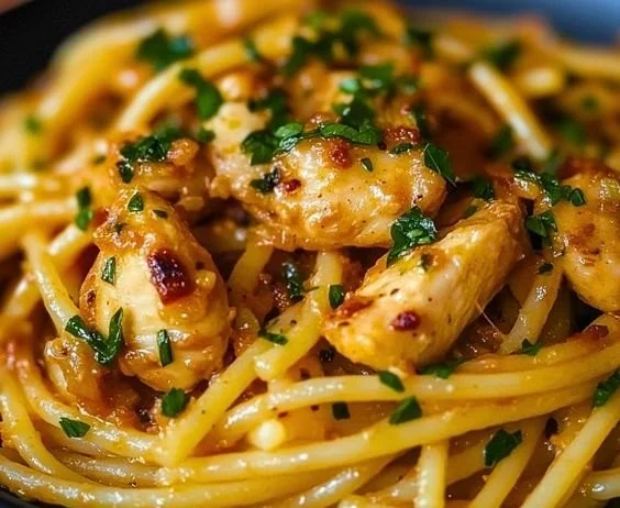 A plate of Monterey Chicken Spaghetti topped with fresh herbs and Parmesan cheese.