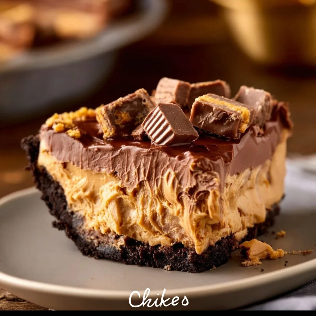 No bake chocolate peanut butter pie topped with chocolate and peanut butter drizzle