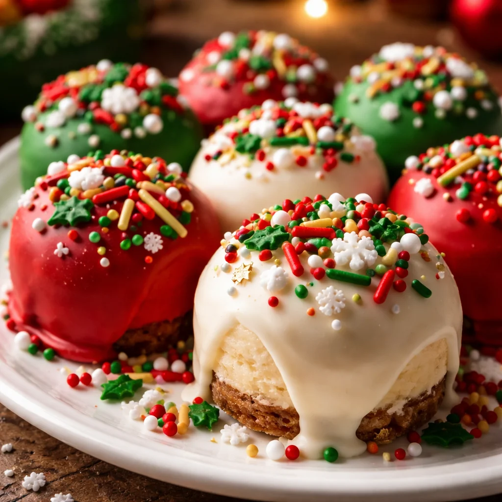 No-Bake Christmas Cheesecake Bites arranged on a festive platter