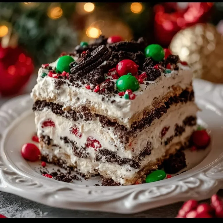 No-bake Christmas Oreo lasagna with layers of cream and Oreos on a festive table
