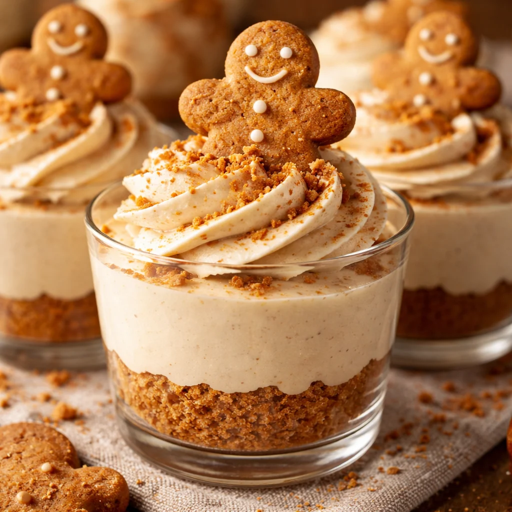 No-bake gingerbread cheesecake cups topped with whipped cream and spices