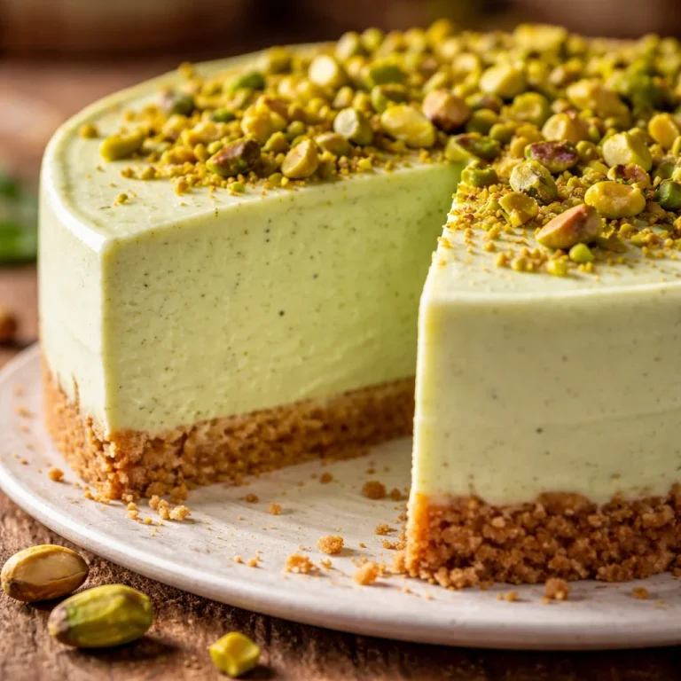 Delicious no-bake pistachio cheesecake slice topped with crushed nuts
