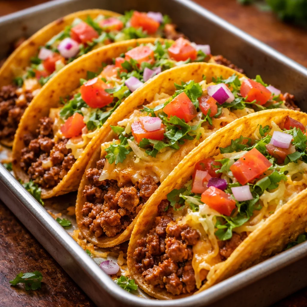 Oven-baked cheesy tacos, crispy and loaded with ingredients.