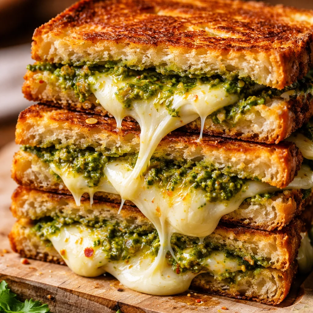 Pesto grilled cheese sandwich with melted cheese and fresh basil