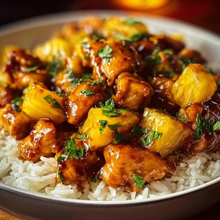 Plate of pineapple chicken served with rice, garnished with fresh herbs.