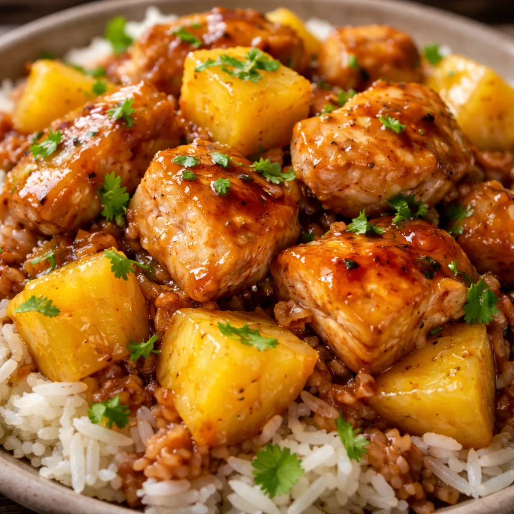 Delicious Pineapple Chicken served over a bed of fluffy rice with colorful veggies
