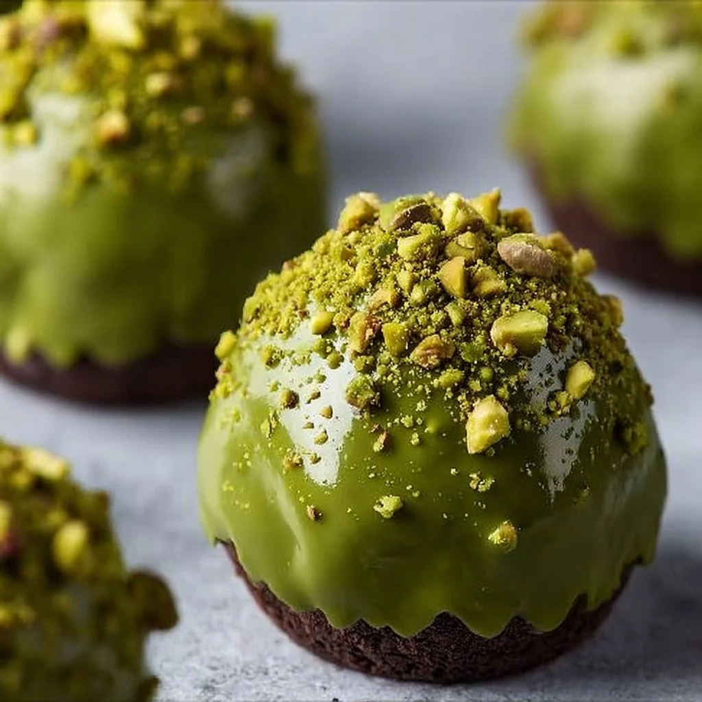 Chocolate pistachio brownies topped with Ferrero Rocher