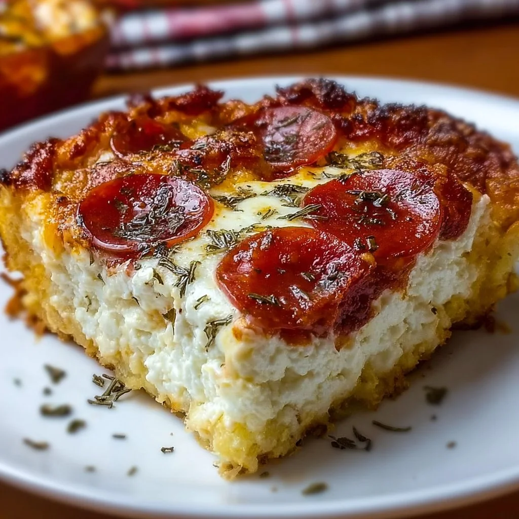 Delicious pizza style cottage cheese bake served in a dish