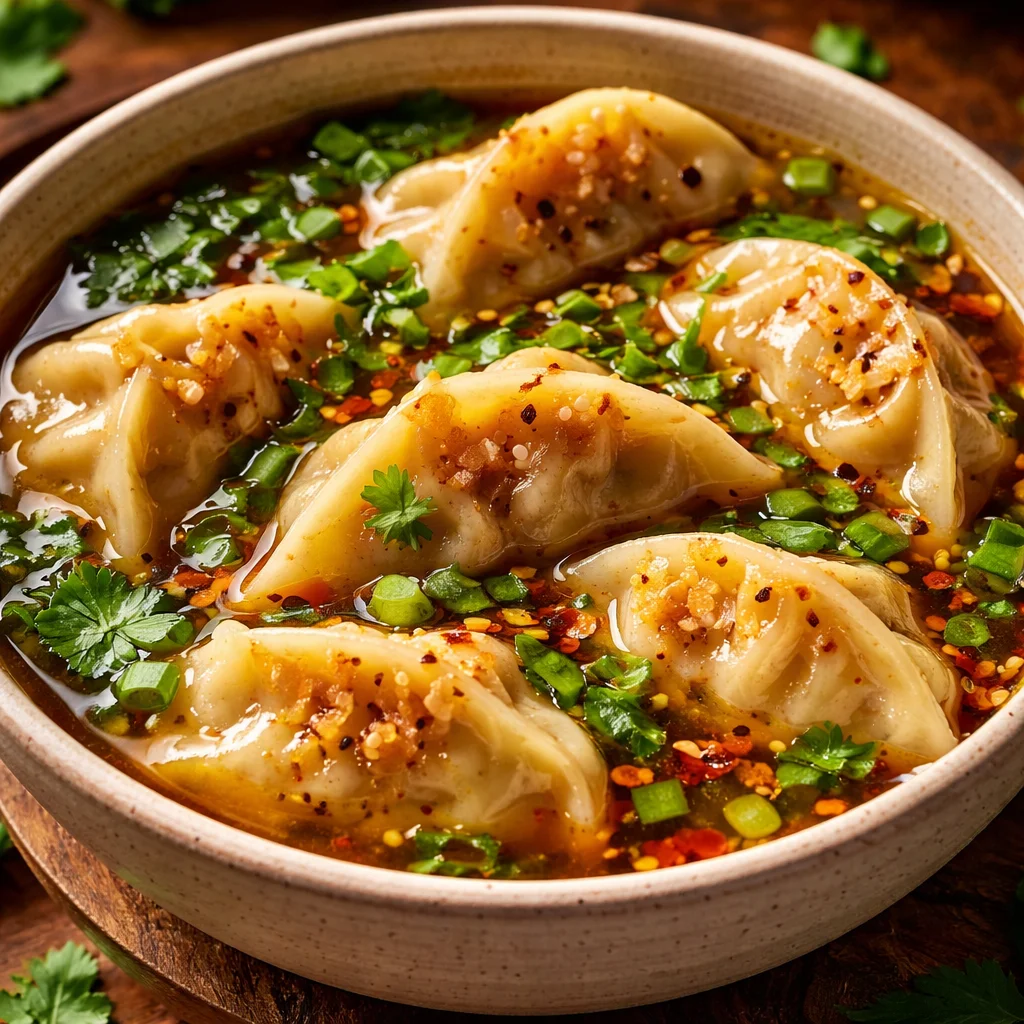 Bowl of savory Potsticker Soup with dumplings and green onions