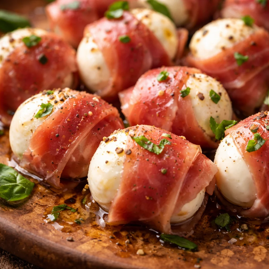 Prosciutto wrapped mozzarella bites served on a platter