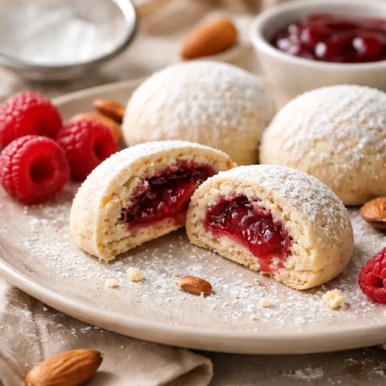 Raspberry-filled almond snowball cookies on a plate, dusted with powdered sugar.