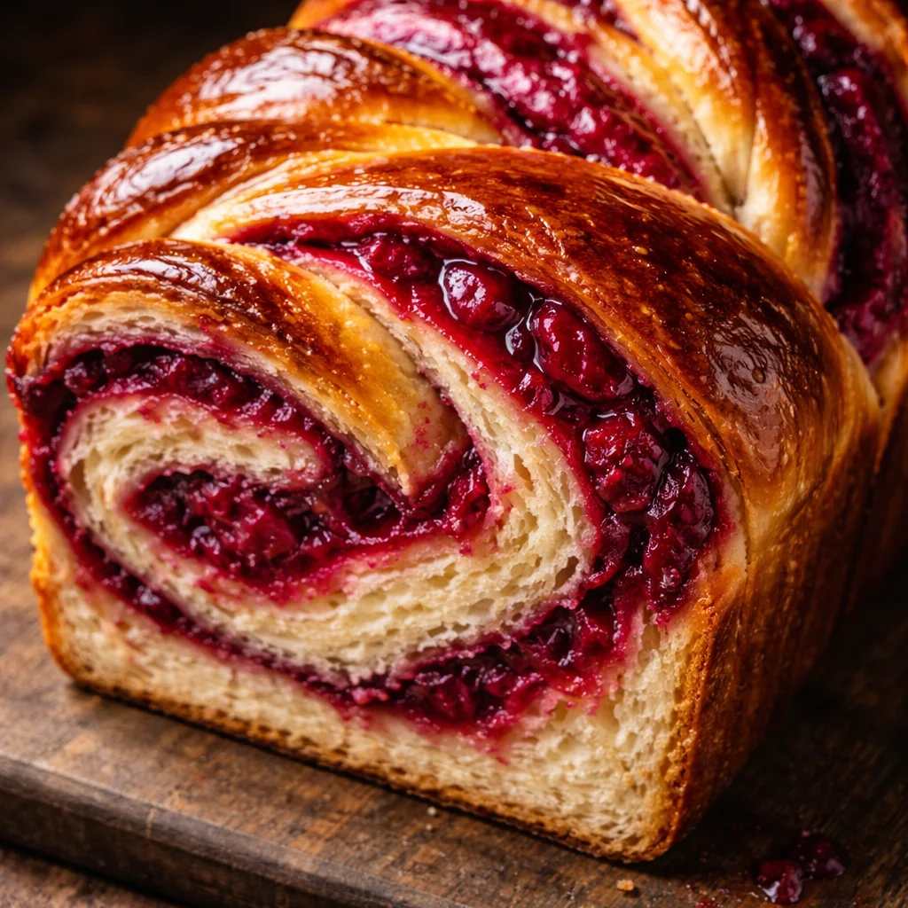 Freshly baked Raspberry Swirl Brioche Loaf with vibrant raspberry swirls.