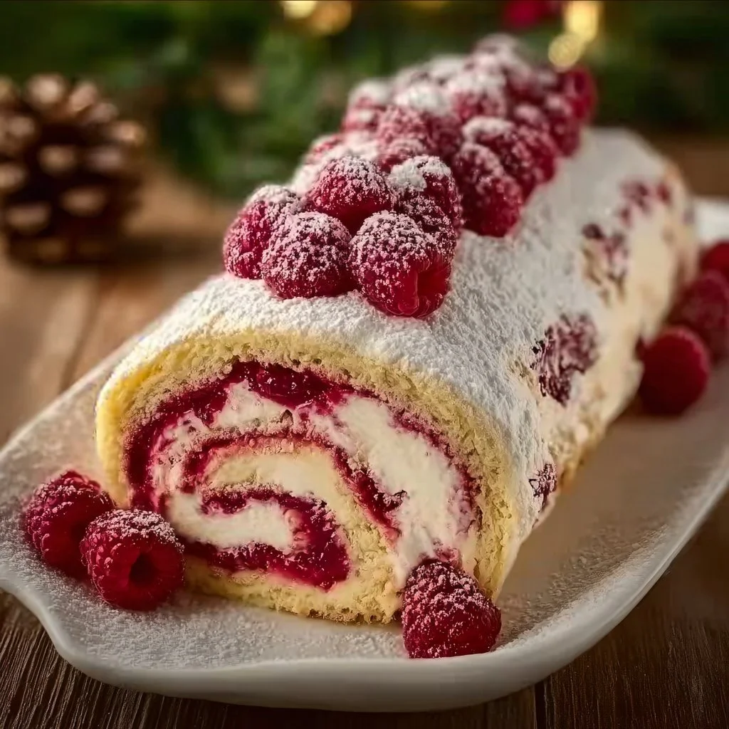 Raspberry Swirl Christmas Roll decorated with festive green and red toppings