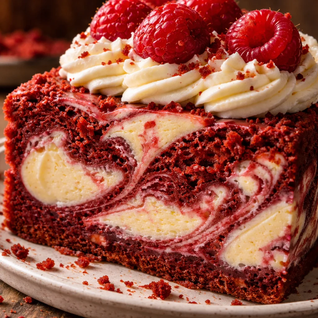 Red Velvet Cheesecake Swirl Cake with creamy cheesecake and red velvet layers