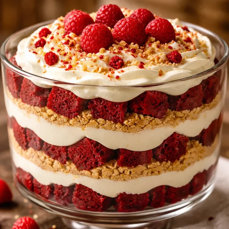 Delicious Red Velvet Cheesecake Trifle layered with cream and red velvet cake