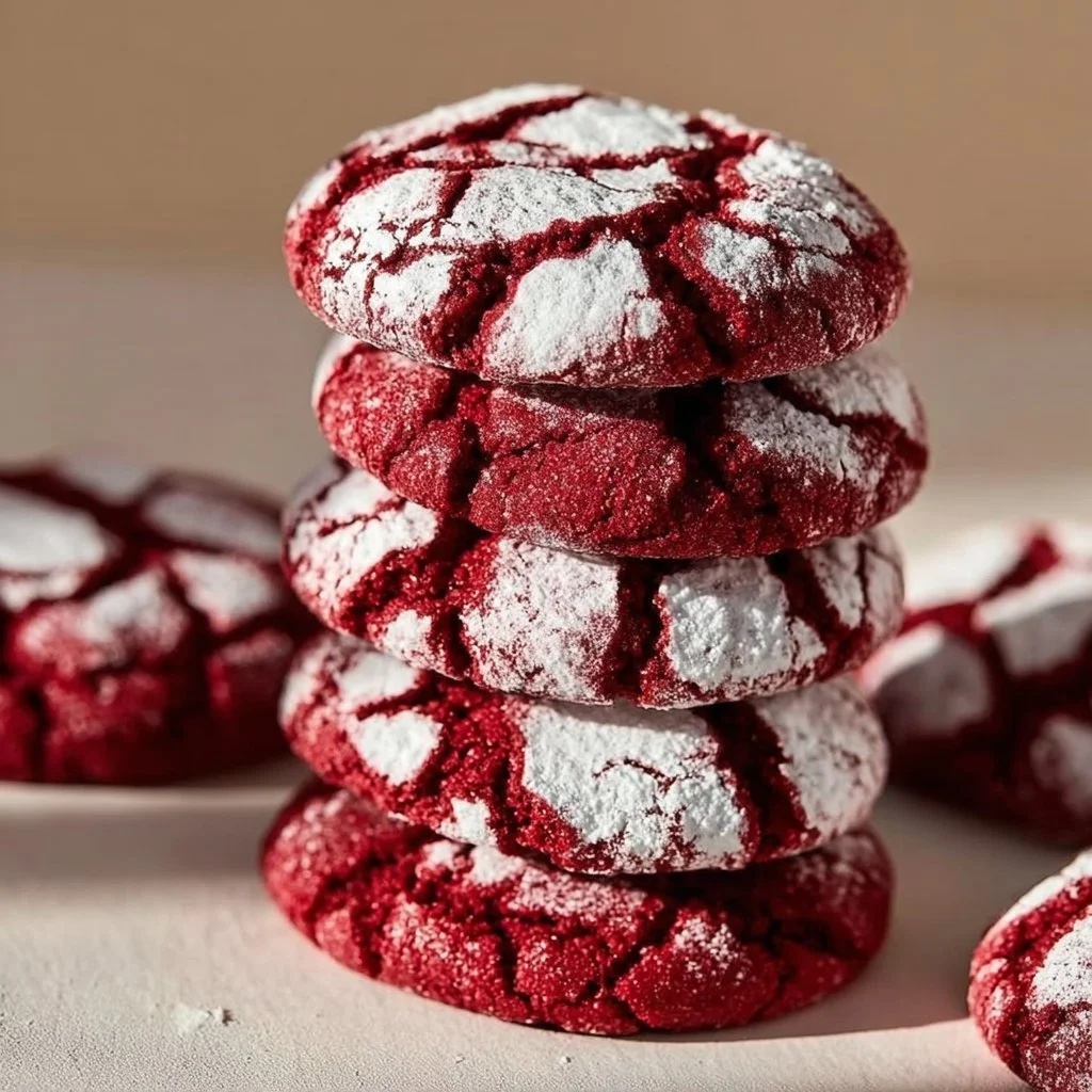 Freshly baked Red Velvet Crinkle Cookies on a baking tray.