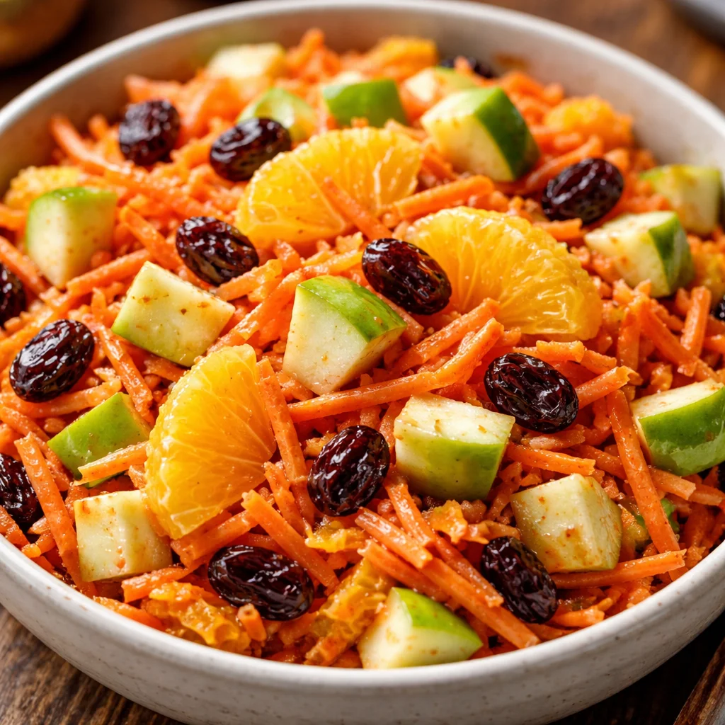 Colorful carrot apple salad with fresh ingredients in a bowl