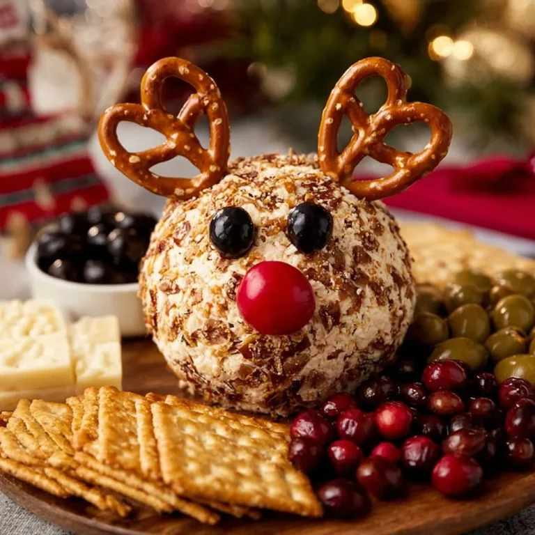 Festive Reindeer Cheese Ball decorated with pretzel antlers and red pepper nose.