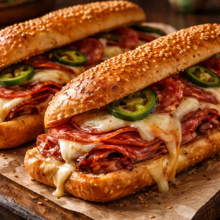 Savory baked Italian sub sandwiches with meats and cheeses