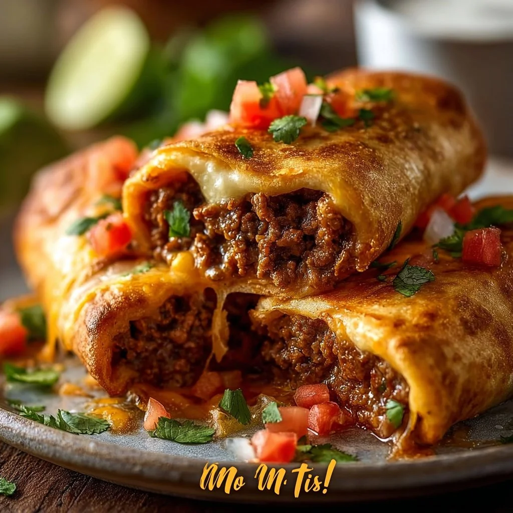 Delicious beef chimichangas with melted cheese and spices on a plate.