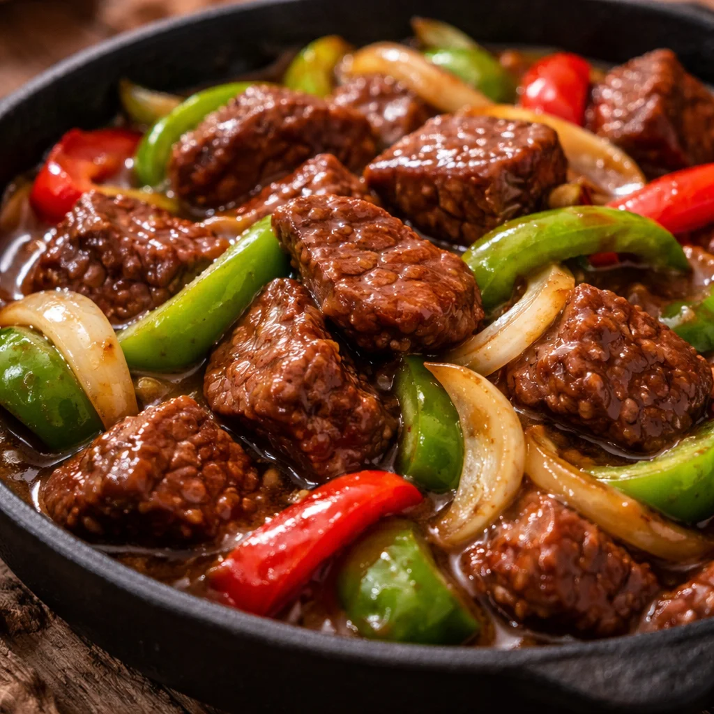 Sizzling Chinese pepper steak with onions served on a plate