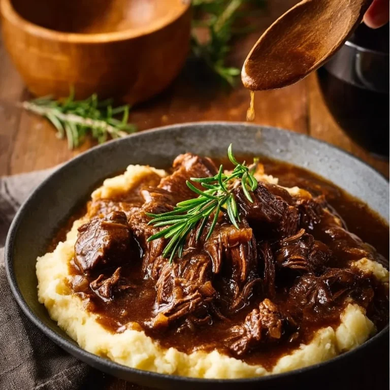 Slow Cooker Beef Manhattan served with gravy and bread