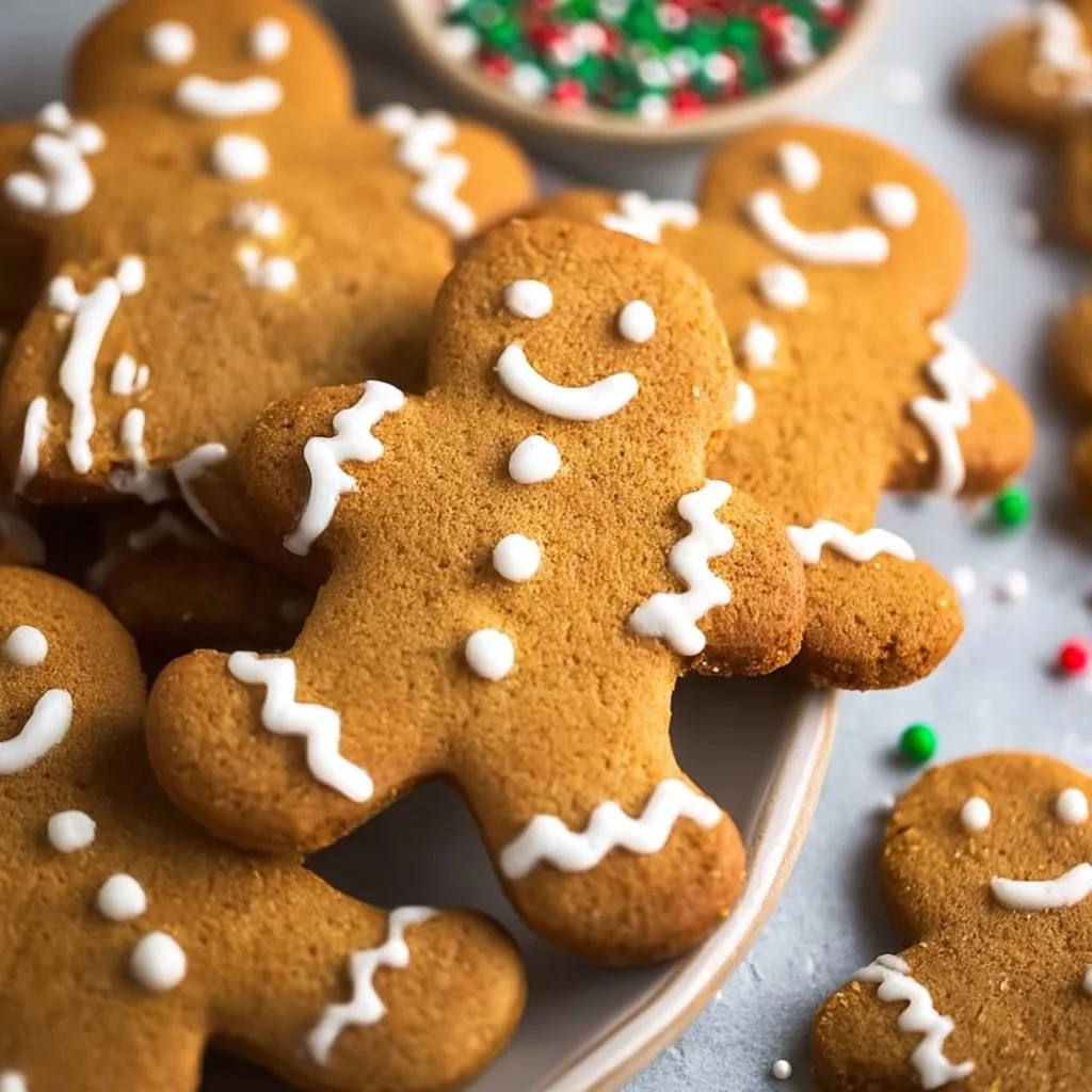 Soft and chewy gingerbread men cookies on a festive plate, ready for the holidays.