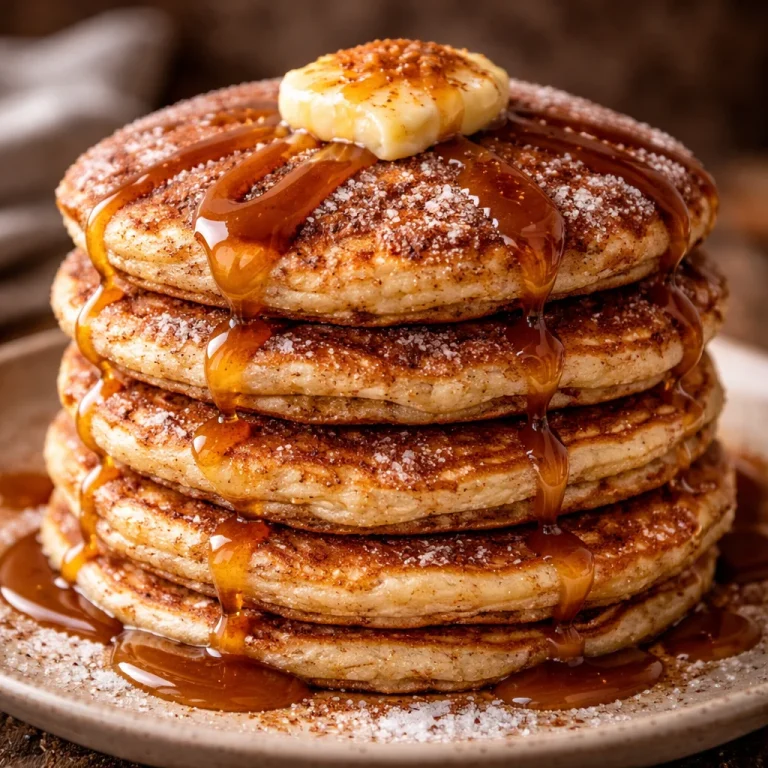 Stack of churro-inspired pancakes drizzled with chocolate sauce and sprinkled with cinnamon sugar.