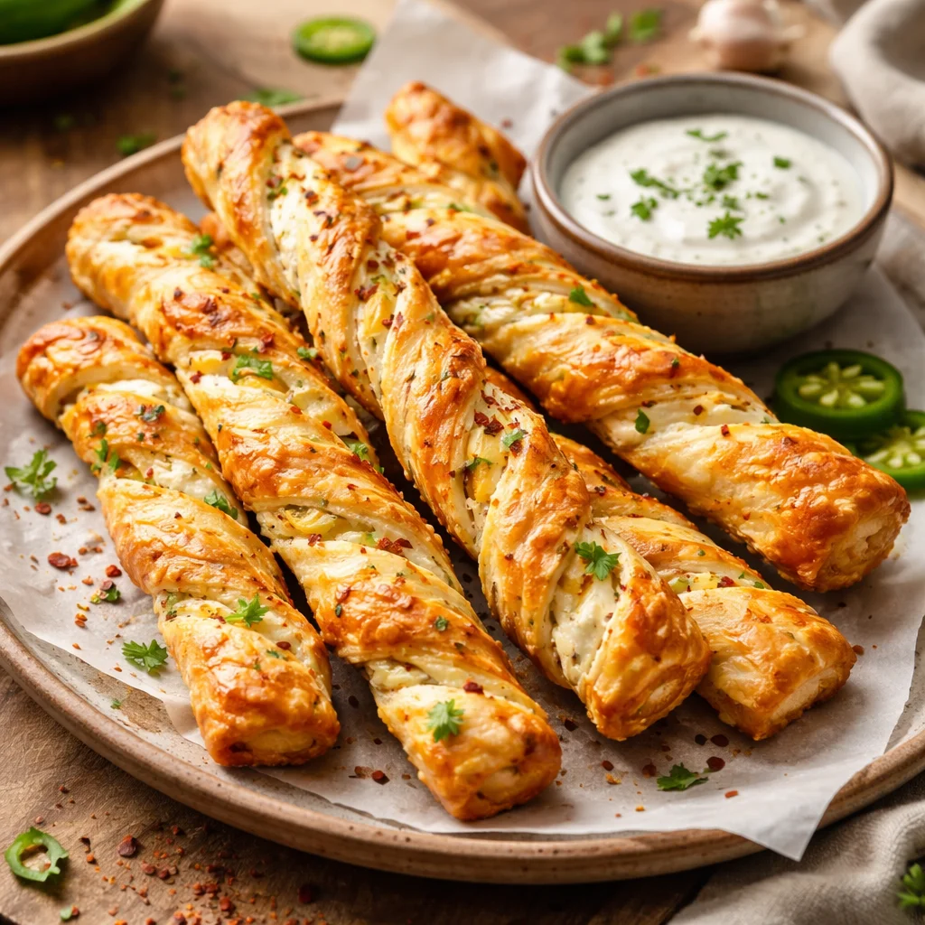 Delicious spicy jalapeno popper twists on a plate, garnished with herbs.
