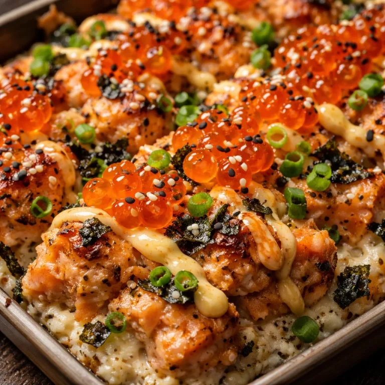 Spicy Salmon Sushi Bake dish with vibrant toppings and textures