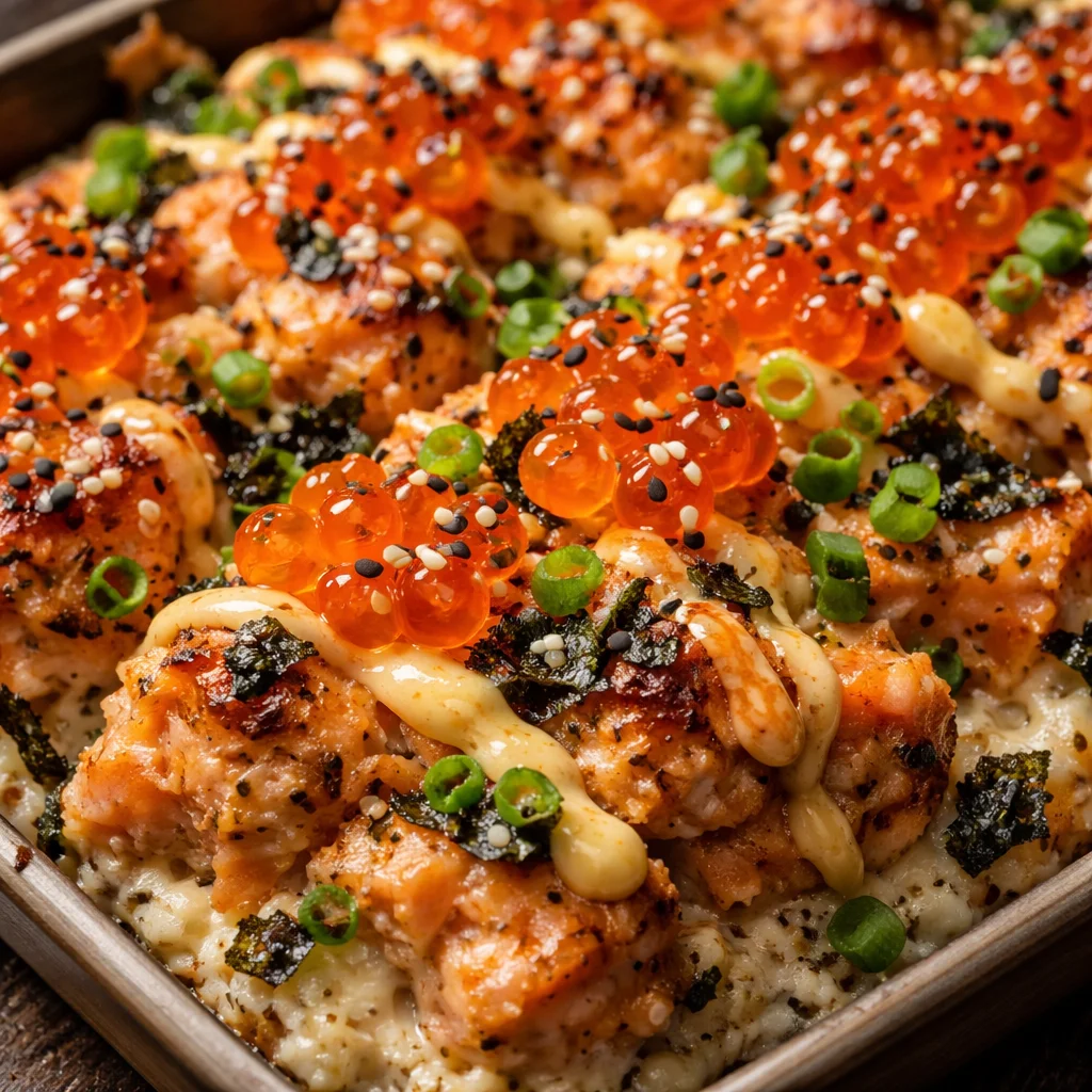 Spicy Salmon Sushi Bake dish with vibrant toppings and textures