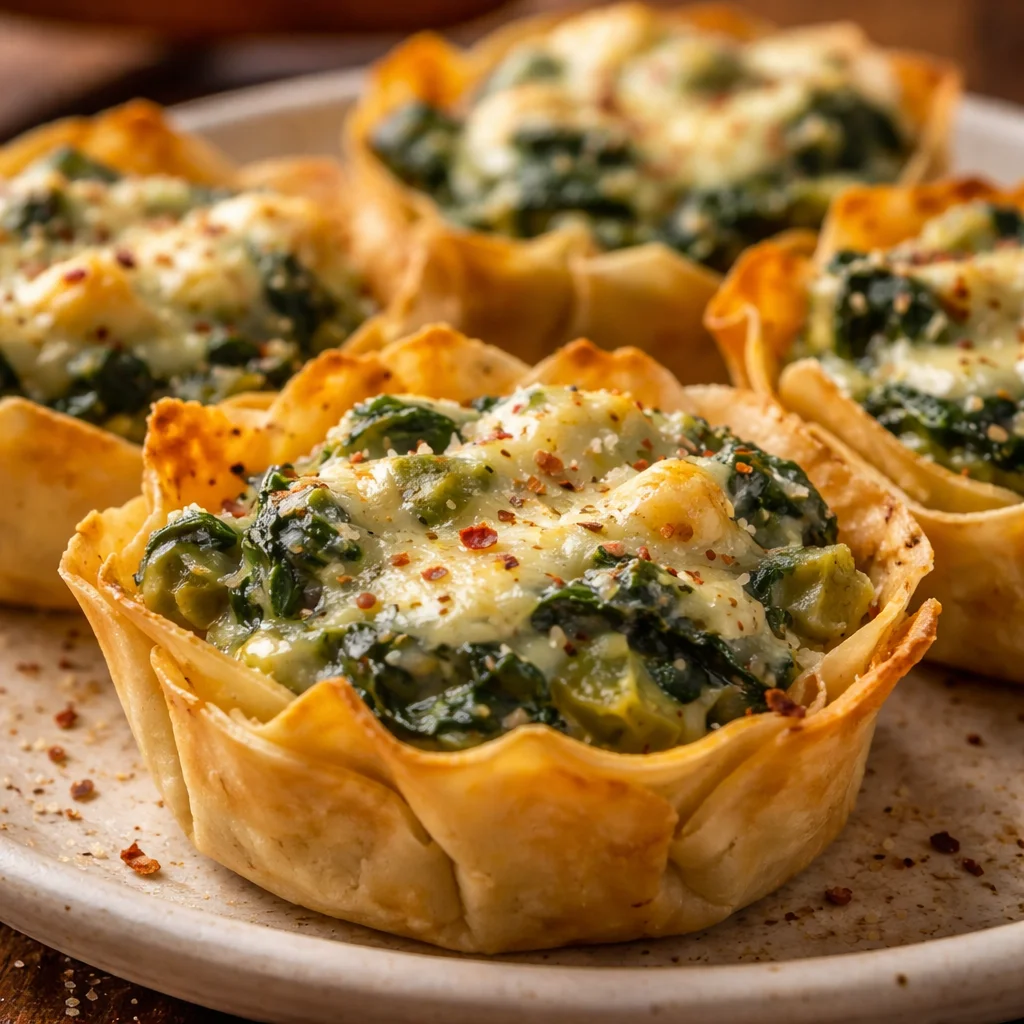 Delicious spinach artichoke dip cups served on a platter