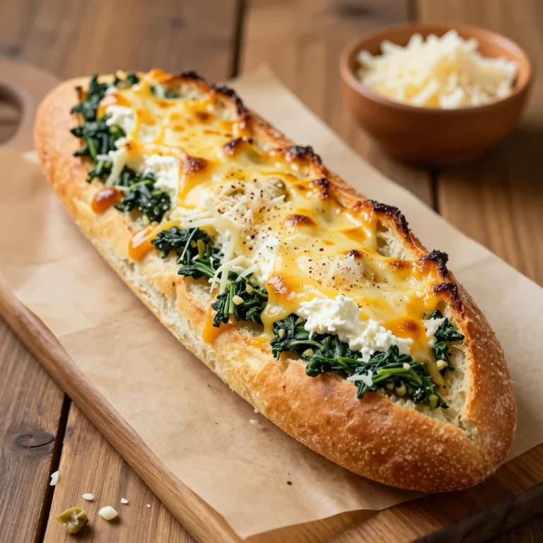 Delicious Spinach and Artichoke Stuffed Bread with melted cheese and herbs.