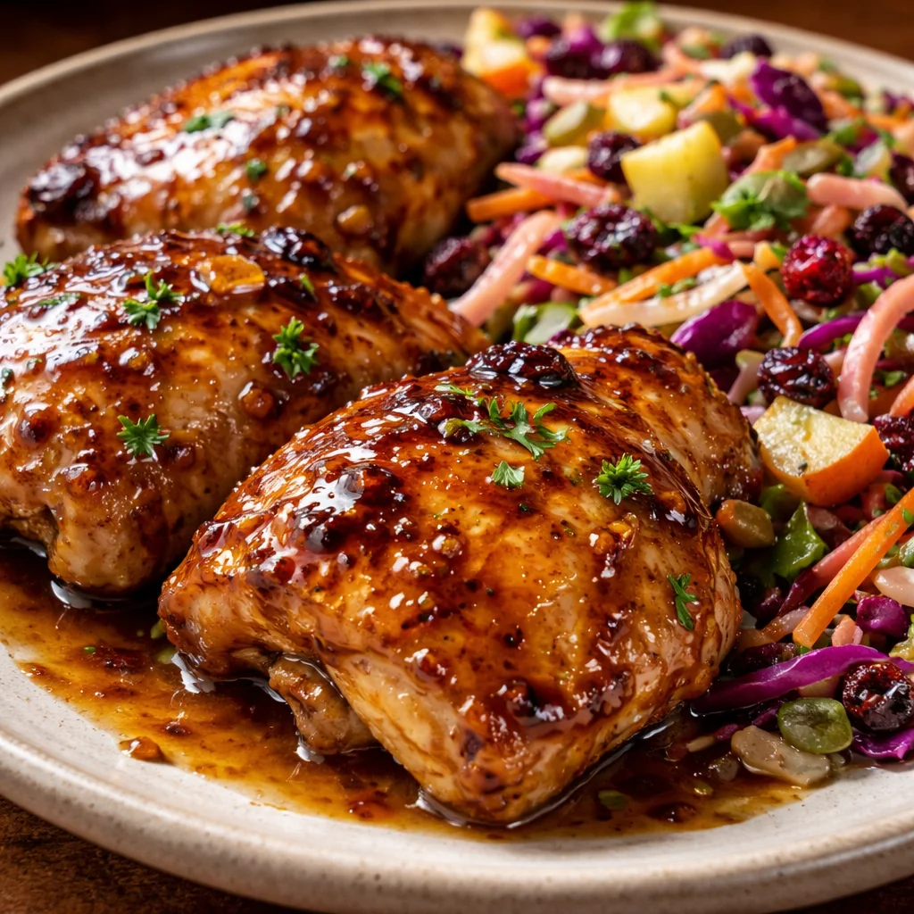 Sticky apple cider chicken dish served with autumn slaw