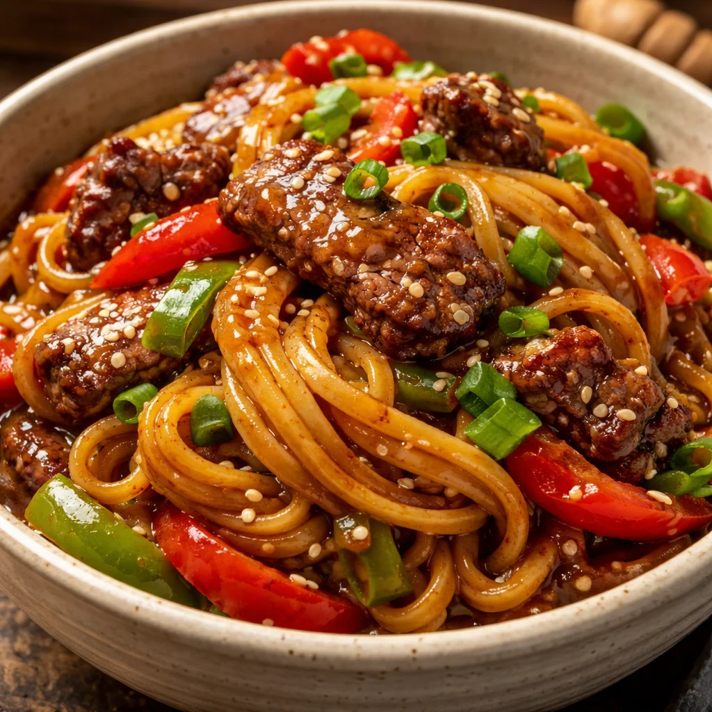 Delicious sticky beef noodles served in a bowl, garnished with herbs.