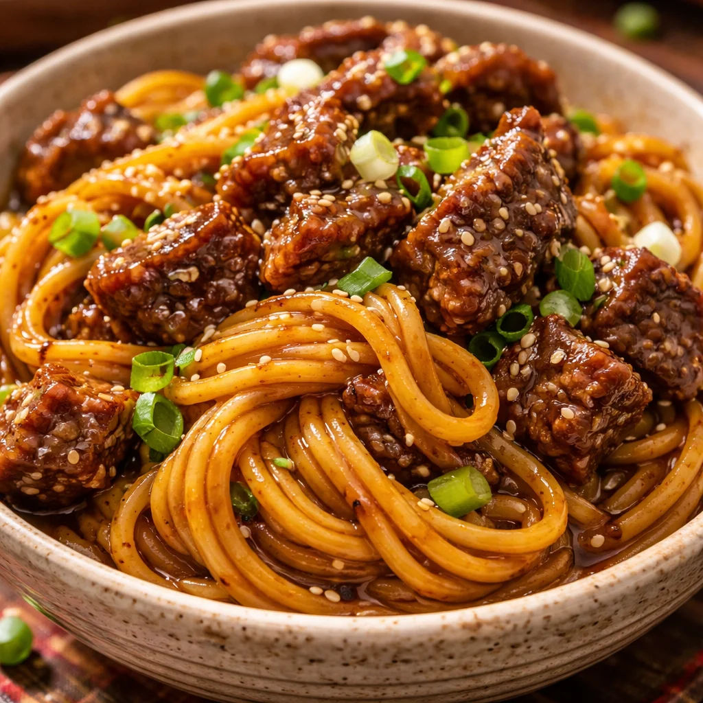 Sticky beef noodles dish with tender beef and flavorful sauce