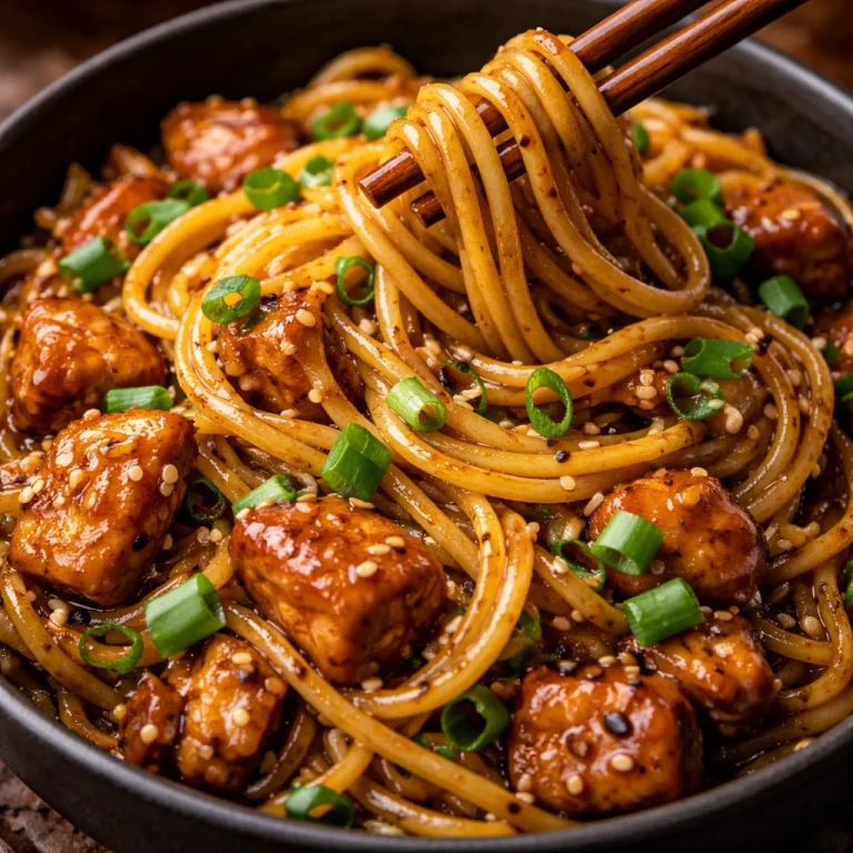 Plate of sticky garlic chicken noodles garnished with green onions