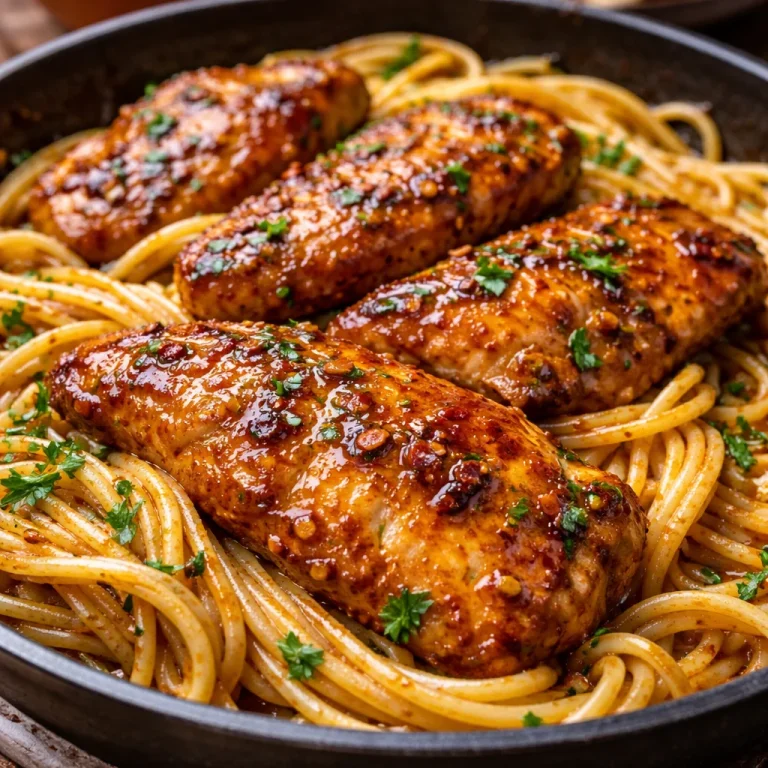 Sticky smoky garlic butter chicken pasta with herbs and vegetables
