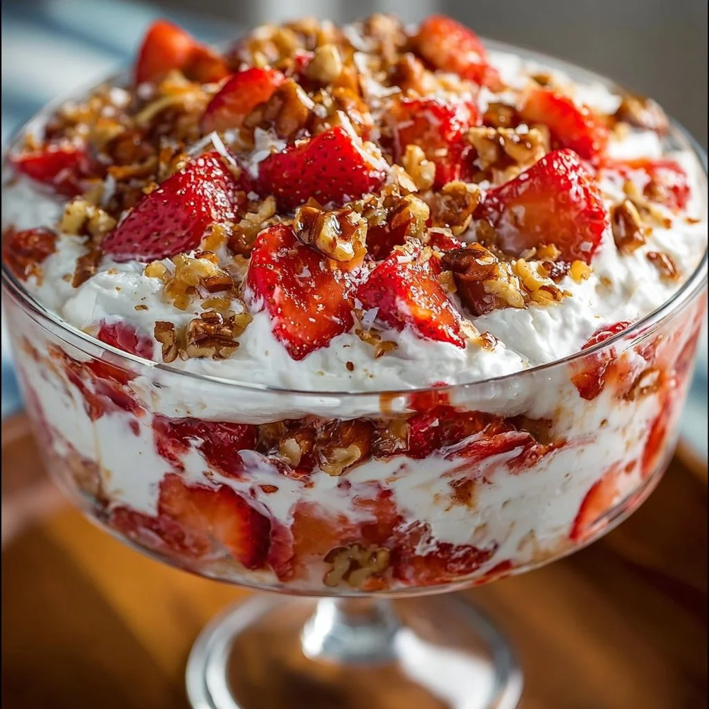 Bowl of Strawberry Crackle Salad with fresh strawberries and crunchy toppings