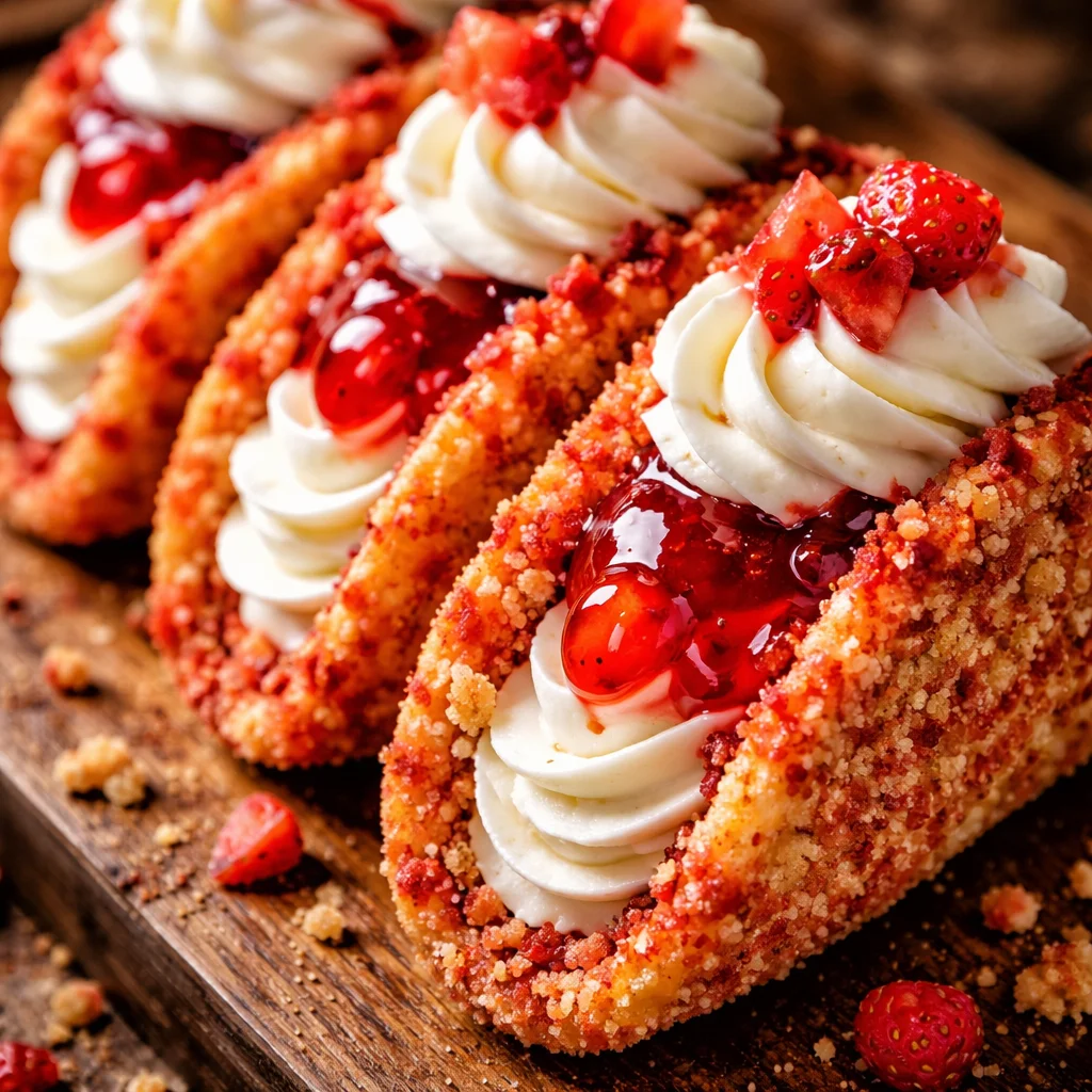 Strawberry crunch cheesecake tacos topped with fresh strawberries and crumbs