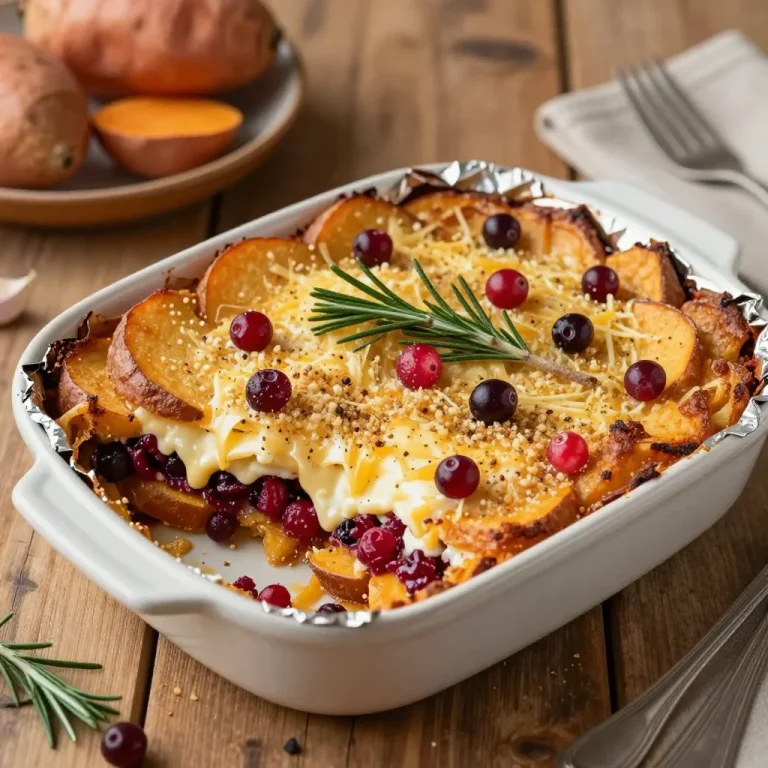 Sweet potato and cranberry gratin served in a baking dish